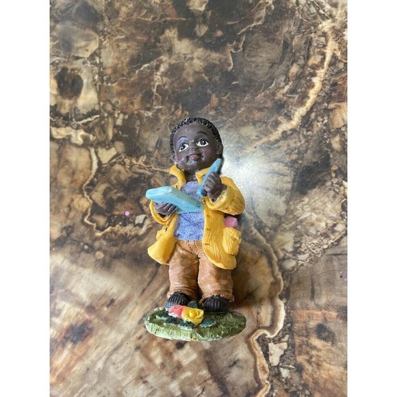 Black African American Boy Figurine Holding Book & Writing Tablet 4" Tall - Picture 8 of 8